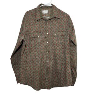 Wrangler Rancher Shirt Green Geometric Pearl Snap Men 2XL Western Cowboy Button